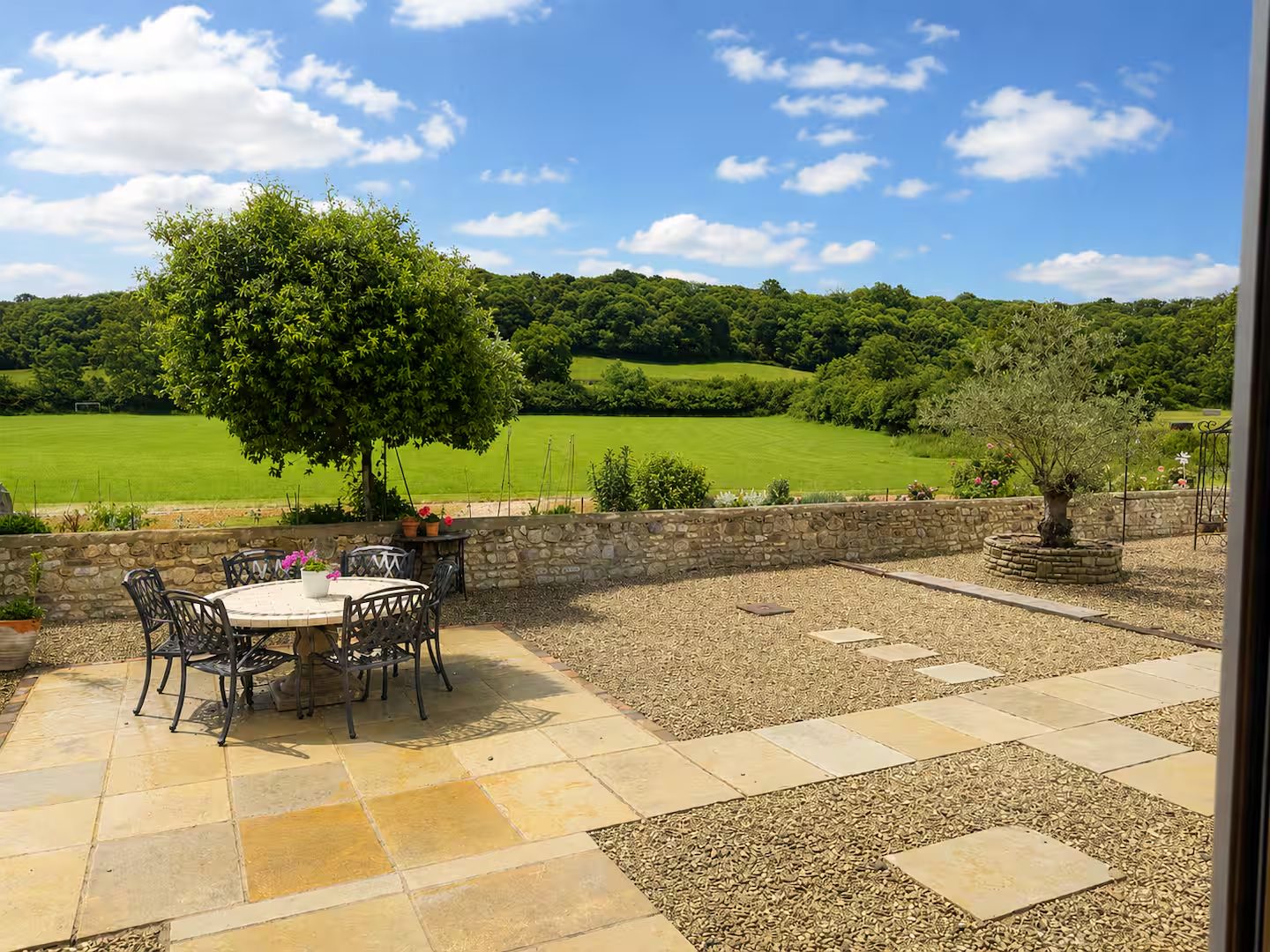 View over open fields and woodland
